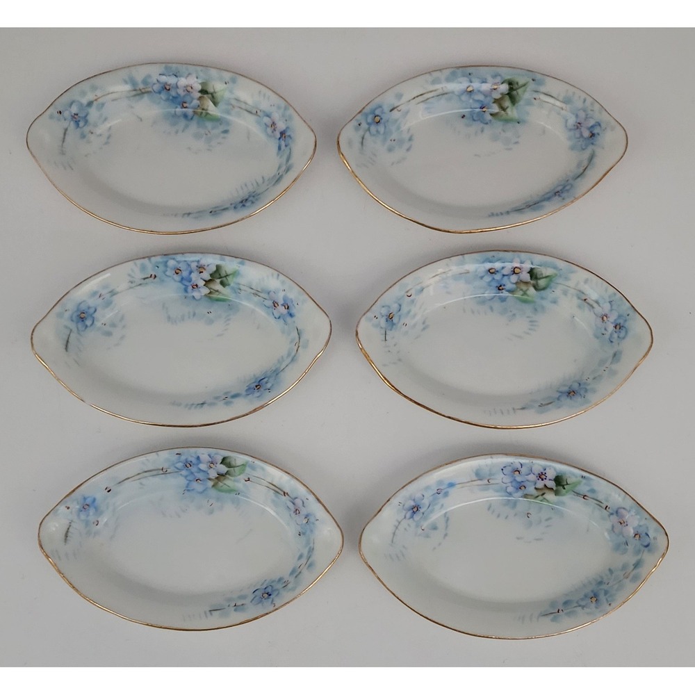 Vintage Noritake Nippon Butter Pat Set 6 White Blue Hand Painted Floral Artist